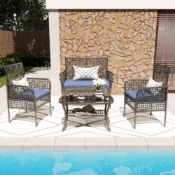 Outdoor Patio Furniture Set, 4 Pieces Rattan Wicker Chairs With Tempered Glass Table And Cushions - Blue