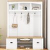 Farmhouse 4 In 1 Hall Tree With Wood Grain Bench And Top, Multifunctional Coat Rack With Hooks And Shell Handles, Mudroom Bench With Adjustable Shelves For Hallway, Living Room - White - Image 4