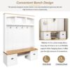 Farmhouse 4 In 1 Hall Tree With Wood Grain Bench And Top, Multifunctional Coat Rack With Hooks And Shell Handles, Mudroom Bench With Adjustable Shelves For Hallway, Living Room - White - Image 7