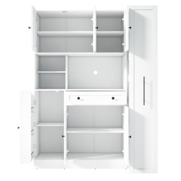 Freestanding Buffet With Hutch, Large Kitchen Pantry Storage Cabinet Cupboard With Pull Out Side Cabinet, Door Shelves And Drawer - White