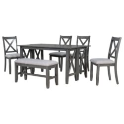 6 Piece Family Dining Room Set Solid Wood Space Saving Foldable Table And 4 Chairs With Bench - Gray