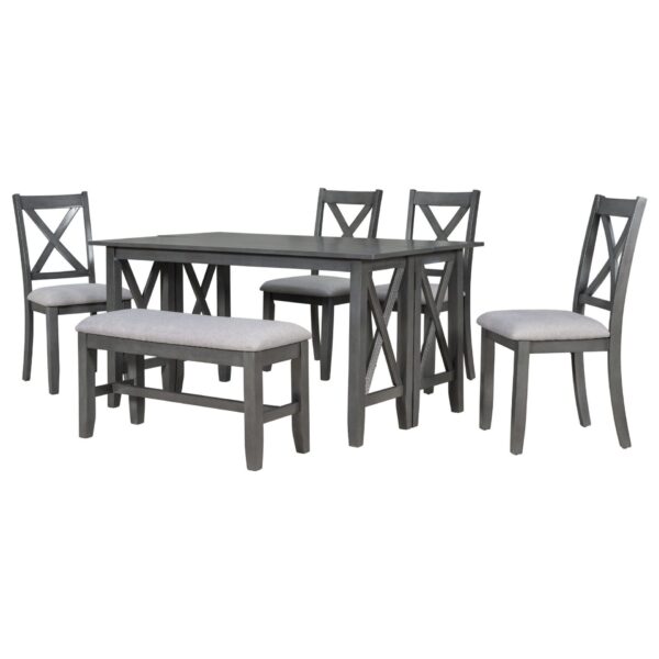 6 Piece Family Dining Room Set Solid Wood Space Saving Foldable Table And 4 Chairs With Bench - Gray