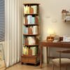6 Tier Rotating Bookshelf With Wheels, 360° Wood Corner Bookcase Organizer For Small Spaces - Walnut Brown - Image 5