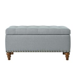 Elegant Ottoman Storage Bench With Recessed Support Hinge, Rivet Trim Linen - Gray