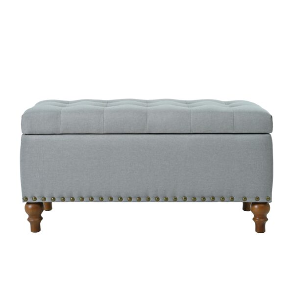Elegant Ottoman Storage Bench With Recessed Support Hinge, Rivet Trim Linen - Gray