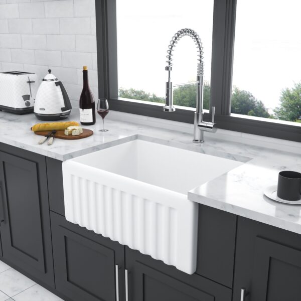 Elegant Farmhouse Style Small Apron Front Ceramic Kitchen Sink 24" Single Bowl Reversible Design - White