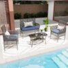 Outdoor Patio Furniture Set, 4 Pieces Rattan Wicker Chairs With Tempered Glass Table And Cushions - Blue - Image 4