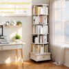 6 Tier Rotating Bookshelf With Wheels And Drawer, 360° Spinning Design, Space Saving Storage, For Home And Office - White - Image 5