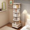 6 Tier Rotating Bookshelf With Wheels And Drawer, 360° Spinning Design, Space Saving Storage, For Home And Office - White - Image 9