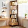 6 Tier Rotating Bookshelf With Wheels And Drawer, 360° Spinning Design, Space Saving Storage, For Home - Wood - Image 4