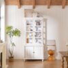 Vintage Display Cabinet With Double Glass Doors, Traditional Style Hutch For Home Or Workspace Washed - White Washed - Image 8
