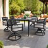 7 Piece Outdoor Patio Furniture, Modern Dining Set, 6 Swivel Chairs Rockers Sunbrella Fabric And Rectangle Dining Table With Umbrella Hole - Ember Black - Image 2
