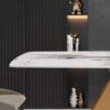 63" Modern Artificial Stone Pandora White Curved Metal Leg Dining Table, 6 People - Antique White / Gold - Image 6