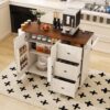 Kitchen Island Cart With Foldable Tabletop & Drop Leaf Mobile Breakfast Bar With Wood Top And Storage - White / Walnut - Image 4