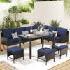 7 Piece Outdoor Furniture Set With Waterproof Cushions, Glass Table, And Space Saving Design - Blue - Image 4