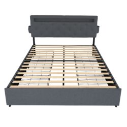 Queen Bed Frame With USB Charging, LED Lights & Storage Drawers Upholstered - Dark Gray