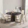Modern Artificial Stone Round Metal Iron Base Dining Table, Can Accommodate 8 People Artificial Stone Turntable (Not Including Chairs) - Black - Image 11