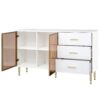 Modern Sideboard Buffet Cabinet Marble Sticker Tabletop And Amber-Yellow Tempered Glass Doors With Gold Metal Legs & Handles - White - Image 8