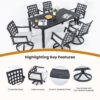 7 Pieces Modern Classic Outdoor Patio Dining Set, Rectangular Table & 6 Swivel Rock Dining Chairs, Rust Free, Weather Resistant - Ember Black - Image 5
