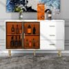 Modern Sideboard Buffet Cabinet Marble Sticker Tabletop And Amber-Yellow Tempered Glass Doors With Gold Metal Legs & Handles - White - Image 2