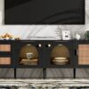 Rattan TV Stand With 3 Cabinets & 2 Drawers, Rattan-Inspired Media Console Table For Tvs Up To 80'', LED Light Entertainment Center, TV Cabinet For Living Room - Black - Image 29
