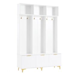 Modern Large Storage Hall Tree With Bench, Luxurious Coat Rack With 6 Hooks And Legs For Entryway, Living Room - White / Gold