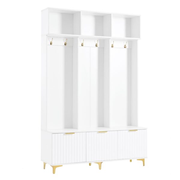 Modern Large Storage Hall Tree With Bench, Luxurious Coat Rack With 6 Hooks And Legs For Entryway, Living Room - White / Gold