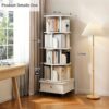5 Tier Rotating Bookshelf With Wheels And Drawer, 360° Spinning Design, Space Saving Storage, For Home And Office - White - Image 12