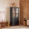 Mid Century Modern Style Tall Display Cabinet With Glass Doors For Collectibles - Black - Image 2