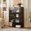 Modern Minimalist Tall Lighted Display Cabinet With Tempered Glass Door - Black / Dark Walnut - Image 5