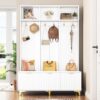 Modern Large Storage Hall Tree With Bench, Luxurious Coat Rack With 6 Hooks And Legs For Entryway, Living Room - White / Gold - Image 4