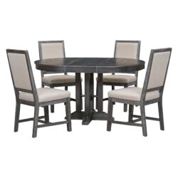 Farmhouse 5 Piece Dining Set With Extendable Round Table And Upholstered Chairs - Black