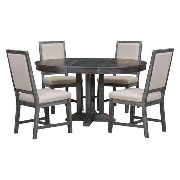 Farmhouse 5 Piece Dining Set With Extendable Round Table And Upholstered Chairs - Black