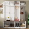 Farmhouse Hall Tree With 4 Hidden Hanging Hooks, Versatile Seating Bench With 8 Doors, Entryway Shoe Cabinet With Open Compartments For Living Room - White - Image 4