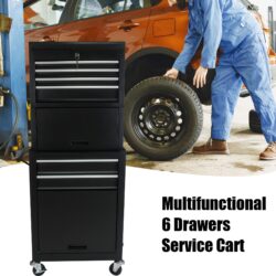 6 Drawer Lockable Tool Cabinet On Wheels Steel Rolling Tool Chest With Detachable Toolbox, 2 In 1 Garage Workshop Storage Organizer With 4 Universal Casters - Black