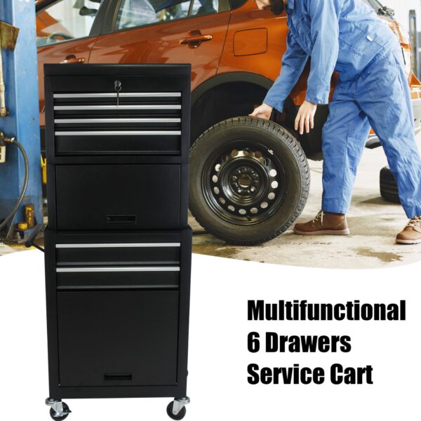 6 Drawer Lockable Tool Cabinet On Wheels Steel Rolling Tool Chest With Detachable Toolbox, 2 In 1 Garage Workshop Storage Organizer With 4 Universal Casters - Black