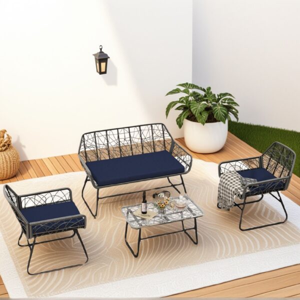 Elegant Wicker Patio Furniture Set With Glass Table And Removable Cushion For Easy Cleaning - Blue