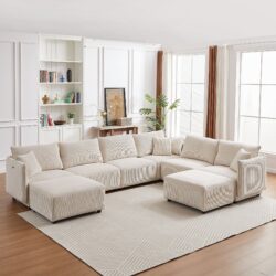 Multi Module Combination Style Sofa For Living Room And Other Lounge Spaces, Modern Minimalist Corduroy Combination Sofa With 2 Comfort Cushions With USB & C Charging Ports, 2 Sets - Beige