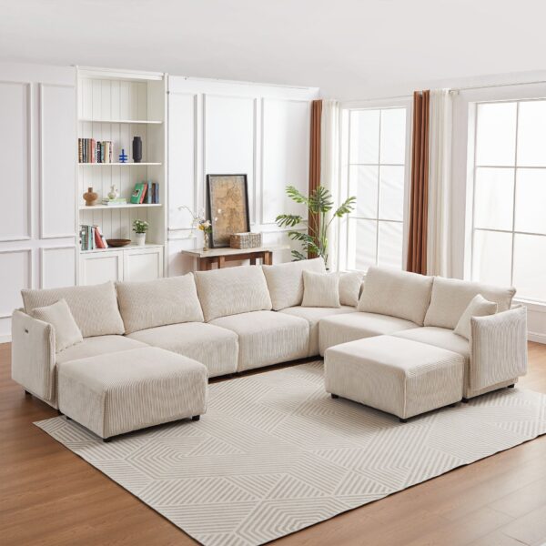 Multi Module Combination Style Sofa For Living Room And Other Lounge Spaces, Modern Minimalist Corduroy Combination Sofa With 2 Comfort Cushions With USB & C Charging Ports, 2 Sets - Beige