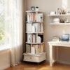 5 Tier Rotating Bookshelf With Wheels And Drawer, 360° Spinning Design, Space Saving Storage, For Home And Office - White - Image 7