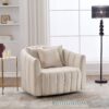 Upholstered Oversized 360 Degree Swivel Accent Barrel Chair And Half Cozy Sofa With 3 Pillows, Channel Tufted Pumpkin Shape Club Armchair For Living Room, Bedroom, Office, Lounge - Beige - Image 2