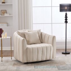Upholstered Oversized 360 Degree Swivel Accent Barrel Chair And Half Cozy Sofa With 3 Pillows, Channel Tufted Pumpkin Shape Club Armchair For Living Room, Bedroom, Office, Lounge - Beige