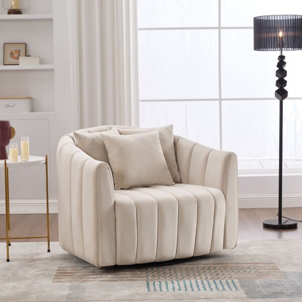 Upholstered Oversized 360 Degree Swivel Accent Barrel Chair And Half Cozy Sofa With 3 Pillows, Channel Tufted Pumpkin Shape Club Armchair For Living Room, Bedroom, Office, Lounge - Beige