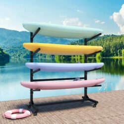 Freestanding Kayak Storage Rack With Lockable Wheels For Kayak, Canoe, Sup & Surfboard, Heavy Duty Adjustable Stand - Brushed Nickel