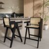 Modern Minimalist Bar Stool With Cane Seat - Black / Natural - Image 4
