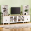 Farmhouse TV Stand With Solid Wood Gourd Shaped Legs For TVs Up To 70", Entertainment Center With Bookshelves & Tempered Glass Doors, Media Console With Adjustable Shelves, Living Room - White / Natural - Image 2