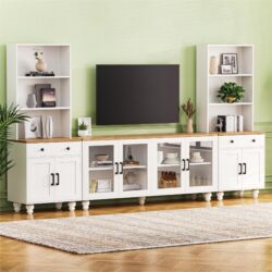 Farmhouse TV Stand With Solid Wood Gourd Shaped Legs For TVs Up To 70", Entertainment Center With Bookshelves & Tempered Glass Doors, Media Console With Adjustable Shelves, Living Room - White / Natural