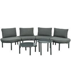 6 Piece Patio Sofa Furniture Set, Half Moon Outdoor Sectional Sofa With 2 High Low Coffee Tables, Wicker Rattan, Tempered Glass, 4 Pillows & Cushions, For Backyard, Garden, Poolside - Gray