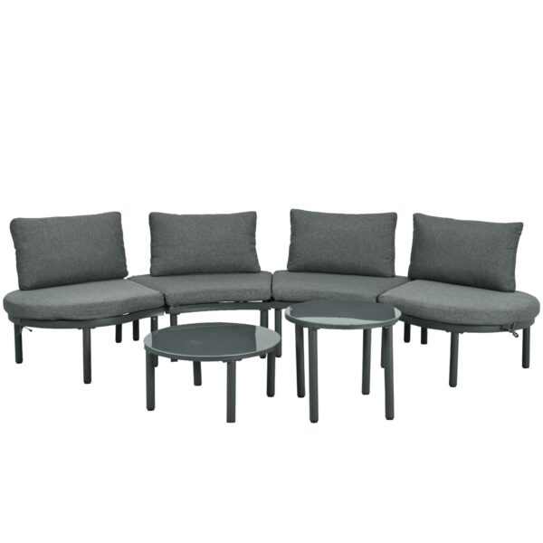 6 Piece Patio Sofa Furniture Set, Half Moon Outdoor Sectional Sofa With 2 High Low Coffee Tables, Wicker Rattan, Tempered Glass, 4 Pillows & Cushions, For Backyard, Garden, Poolside - Gray