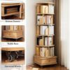 6 Tier Rotating Bookshelf With Wheels And Drawer, 360° Spinning Design, Space Saving Storage, For Home - Wood - Image 5